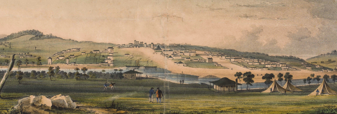 Melbourne in 1841 from the south side of the Yarra River, see online gallery for more detail A drawing of melbourne in 1841